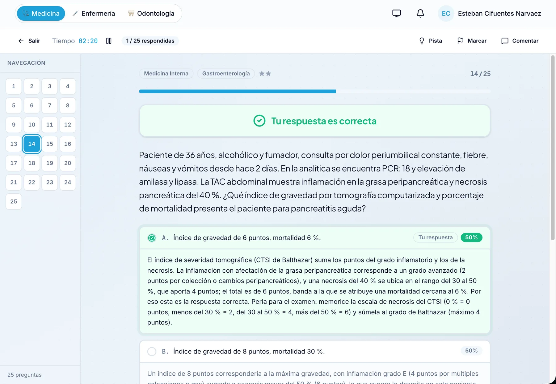 Simulador CACES: pregunta con respuesta correcta y explicación clínica