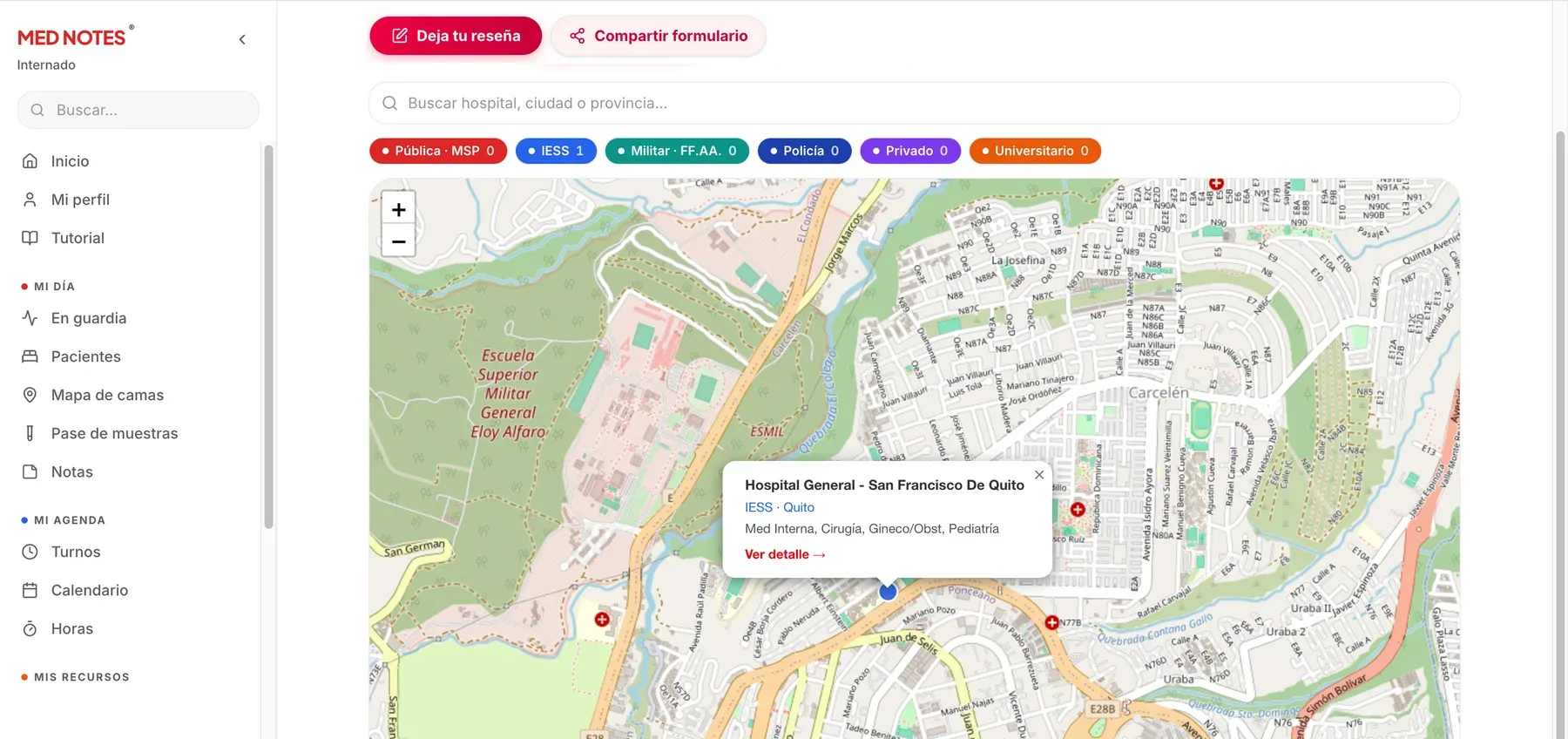 Internado APP: el menú con Mi día y Mi agenda, y el mapa de hospitales con reseñas