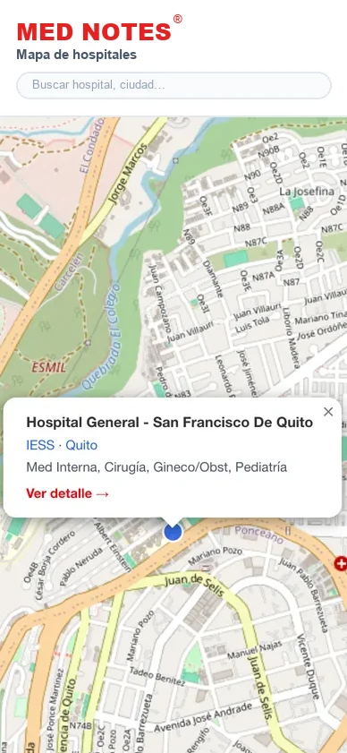 Mapa de hospitales del internado con reseñas en el celular