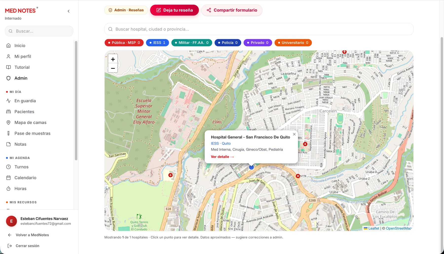 Vista previa del mapa de hospitales del internado